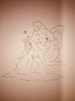 1girl covered_in_mud dirty fingerless_gloves gloves hair_ribbon heart highres legs long_hair looking_at_viewer monochrome mud nakoruru one_eye_closed pants quicksand ribbon samurai_spirits sand sitting sketch smile snk the_king_of_fighters thighs traditional_media v wink