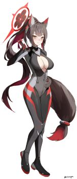 1girl absurdres alternate_costume animal_ear_fluff animal_ears black_hair blue_archive blush bodysuit breasts cleavage closed_mouth colored_inner_hair commentary cosplay fox_ears fox_girl fox_tail halo hand_in_own_hair highres large_breasts looking_at_viewer multicolored_hair open_bodysuit open_clothes red_hair red_halo rio_(armed)_(blue_archive) rio_(blue_archive) rio_(blue_archive)_(cosplay) smile solo tail two-tone_hair udonpan wakamo_(blue_archive)