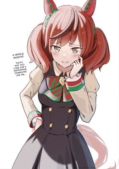 1girl animal_ears black_dress blush bow bowtie breasts brown_eyes brown_hair diagonal-striped_bow dress ear_bow ear_covers ear_ornament ear_ribbon english_text green_bow green_bowtie highres horse_ears horse_girl horse_tail juliet_sleeves long_sleeves looking_at_viewer medium_breasts medium_hair multicolored_hair nice_nature_(poinsettia_ribbon)_(umamusume) nice_nature_(umamusume) open_mouth planetdropper puffy_sleeves simple_background smile solo streaked_hair striped_bow striped_bowtie striped_clothes tail twintails umamusume white_background