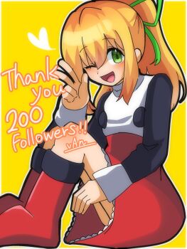 Rule 34 | 1girl, ;d, black sleeves, blonde hair, boots, bow, dress, green bow, green eyes, hair between eyes, hair bow, heart, highres, long hair, long sleeves, looking at viewer, mega man (classic), mega man (series), milestone celebration, one eye closed, open mouth, ponytail, red boots, red dress, roll (mega man), sitting, smile, solo, thank you, van00278, w, yellow background