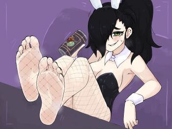 1girl animal_ears armpits black_hair black_leotard blush breasts can cleavage dorku fake_animal_ears feet_on_table fishnet_pantyhose fishnets foot_focus hair_over_one_eye holding holding_can leotard looking_at_viewer medium_breasts medium_hair open_mouth original pantyhose playboy_bunny ponytail purple_background rabbit_ears sitting smile soles solo sweatdrop teeth toes white_wrist_cuffs wrist_cuffs