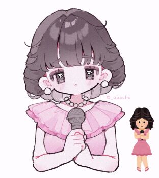 1girl bare_arms bare_shoulders bead_necklace beads blush brown_eyes brown_hair commentary_request cropped_torso dress earrings highres holding holding_microphone irasutoya irasutoya_challenge jewelry looking_at_viewer microphone necklace open_mouth pink_dress short_hair simple_background sleeveless sleeveless_dress solo twitter_username upache white_background