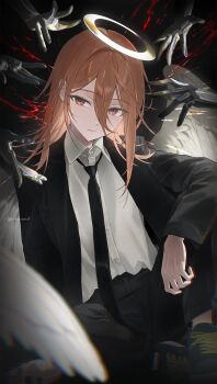1boy angel_devil_(chainsaw_man) angel_wings black_jacket black_necktie black_pants black_suit chainsaw_man feathered_wings formal_clothes hair_between_eyes halo highres jacket long_hair long_hair_between_eyes male_focus necktie pants planetzer_0 red_eyes red_hair shirt solo suit suit_jacket white_halo white_shirt white_wings wings