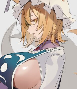 Rule 34 | 1girl, areola slip, blonde hair, blue tabard, breasts, commentary, dress, english commentary, fox tail, hat, highres, huge breasts, kitsune, looking at viewer, mob cap, multiple tails, sideboob, solo, tabard, tail, tea (teahrii), touhou, unfinished, white dress, yakumo ran, yellow eyes