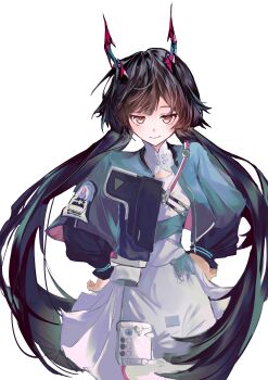 1girl absurdres arknights arknights:_endfield black_hair blue_jacket chen_qianyu_(arknights) closed_mouth commentary_request cowboy_shot dress green_eyes hands_on_own_hips highres horns jacket long_hair long_sleeves looking_at_viewer multicolored_eyes open_clothes open_jacket simple_background smile solo standing twintails two-tone_eyes wawawa_chi white_background white_dress yellow_eyes