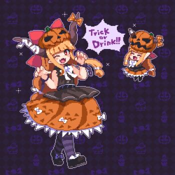 1girl ;d bare_shoulders black_shirt black_shoes blonde_hair blunt_bangs blush_stickers bow bowtie chibi commentary_request fang full_body hair_bow halloween halloween_costume hands_up ibuki_suika jack-o&#039;-lantern kumamoto_(bbtonhk2) long_hair looking_at_viewer multiple_views one_eye_closed open_mouth orange_skirt outline pantyhose pixel_art pumpkin_hat purple_pantyhose red_bow red_eyes shirt shoes skirt sleeveless sleeveless_shirt smile standing striped_clothes striped_pantyhose touhou trick_or_treat white_bow white_bowtie