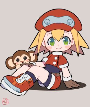 1girl black_bodysuit blonde_hair blush_stickers bodysuit bodysuit_under_clothes brown_background brown_gloves newsboy_cap chibi cropped_jacket data_(mega_man) full_body gloves green_eyes hat highres jacket looking_at_viewer medium_hair mega_man_(series) mega_man_legends_(series) miyata_(lhr) monkey non-humanoid_robot red_footwear red_hair red_jacket red_shorts robot robot_animal roll_caskett_(mega_man) shorts simple_background