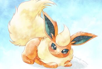 :3 animal_focus animal_hands black_eyes blue_background closed_mouth flareon fluffy full_body gen_1_pokemon highres looking_at_viewer lying neck_fur nintendo no_humans orange_fur pokemon pokemon_(creature) pokemon_focus remedy_matome simple_background smile solo yellow_fur