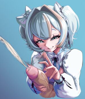 1boy 1girl absurdres blue_background blue_hair bow collared_shrug cum grin hair_between_eyes hair_bow hair_intakes handjob highres indie_virtual_youtuber looking_at_viewer orgasm penis ruined_orgasm sedua_weynn short_hair shrug_(clothing) smile smug twintails virtual_youtuber white_bow white_shrug yuy_(vtuber)