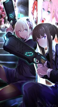 2girls absurdres alternate_eye_color black_hair black_jacket black_pantyhose black_ribbon blonde_hair blue_eyes blue_pants blue_skirt commentary_request darling_in_the_franxx dominator_(gun) exit_sign finger_on_trigger gun hair_ribbon highres holding holding_gun holding_weapon inoue_takina jacket long_hair long_sleeves lycoris_recoil multiple_girls nishikigi_chisato one_side_up open_mouth pants pantyhose ponytail psycho-pass ribbon sengoku_chidori short_hair sidelocks skirt weapon zero_two_(darling_in_the_franxx)