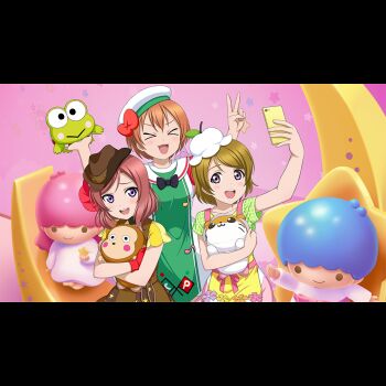 >_< 3girls :d anime_coloring blush brown_dress brown_hat cellphone character_doll collarbone corocorokuririn cowboy_hat cowboy_shot crossover doll dress eighth_note figure frog green_dress hamster hand_up hands_up hasunoue_keroppi hat holding holding_doll holding_phone holding_stuffed_toy hoshizora_rin hugging_doll hugging_object kero_kero_keroppi kiki_(little_twin_stars) lala_(little_twin_stars) little_twin_stars looking_at_another looking_at_object looking_at_phone looking_to_the_side love_live! love_live!_school_idol_project medium_hair monkey monkichi_(sanrio) multiple_girls musical_note neck_ribbon nesoberi nishikino_maki official_art open_mouth orange_hair phone puchiguru_love_live! purple_eyes quarter_note raised_inner_eyebrows red_hair ribbon sanrio selfie shirt short_hair sitting smartphone smile star_(symbol) string stuffed_animal stuffed_toy teeth upper_body upper_teeth_only v v-shaped_eyebrows white_hat