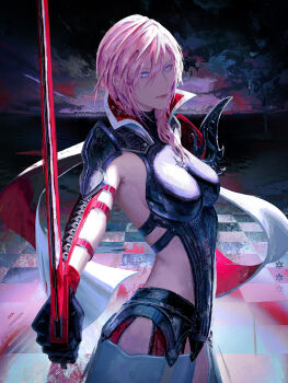 1girl armor armored_leotard black_gloves blue_eyes boobplate breastplate breasts cape checkered_floor final_fantasy final_fantasy_xiii flowersbloodart gloves highres leotard lightning_farron lightning_returns:_final_fantasy_xiii official_alternate_costume pink_hair sideboob solo sword waist_cape weapon