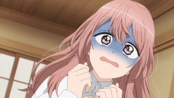 1girl 2022 20s animated animated_gif blue_bra blush bra breasts buttons embarrassed hair_between_eyes huge_breasts inui_shinju long_hair open_clothes open_mouth pink_hair popped_button shirt sono_bisque_doll_wa_koi_wo_suru tagme tears underwear wardrobe_malfunction white_shirt