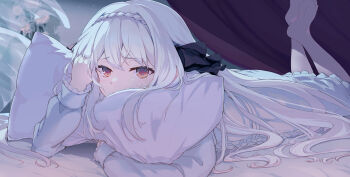 1girl black_ribbon braid coffee1223 crown_braid feet_out_of_frame frilled_sleeves frills frown hair_ribbon hair_spread_out highres hugging_object indoors legs_up long_hair long_sleeves looking_ahead lying on_bed on_stomach pillow pillow_hug red_eyes ribbon sakurakouji_luna sleepwear sleeve_cuffs soles solo tsuki_ni_yorisou_otome_no_sahou white_hair