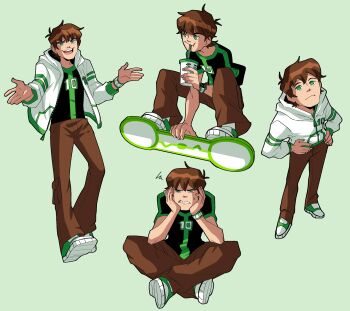 1boy absurdres ben_10 ben_10:_omniverse ben_tennyson brown_hair cup green_eyes hiffuu highres hood hoodie male_focus non-web_source omnitrix shirt short_hair short_sleeves silhouette smile smoothie solo
