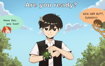 3boys :d ^_^ absurdres adapted_costume alternate_hair_color alternate_universe antenna_hair aoiro_arts artist_name bare_arms basil_(faraway)_(omori) basil_(omori) ben_10 ben_tennyson black_eyes black_hair black_jacket blonde_hair blue_sky bright_pupils brown_hair bush clenched_hand closed_eyes closed_mouth cloud collared_shirt commentary commission crossover dark-skinned_male dark_skin double-parted_bangs english_commentary english_text hair_behind_ear hair_between_eyes hands_up heart highres jacket kel_(faraway)_(omori) kel_(omori) looking_at_viewer male_focus multicolored_hair multiple_boys omori open_clothes open_jacket open_mouth outdoors red_hair shirt short_hair simple_background sky sleeveless sleeveless_jacket smile solo_focus speech_bubble streaked_hair sunny_(omori) teeth two-tone_hair upper_body upper_teeth_only very_short_hair watch white_pupils white_shirt wristwatch