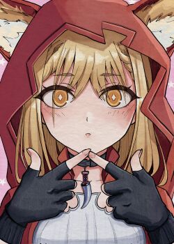 1girl absurdres animal_ear_fluff animal_ears arknights arknights:_endfield black_gloves blonde_hair cape commentary_request ears_through_headwear fingerless_gloves fingernails gloves highres hood hood_up hooded_cape long_hair looking_at_viewer oreosan parted_lips portrait red_cape rossi_(arknights) solo upper_body wolf_ears wolf_girl yellow_eyes