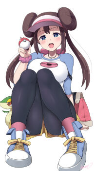 1girl black_pantyhose blue_eyes breasts brown_hair donut_hair_bun double_bun gen_5_pokemon hair_bun highres holding holding_poke_ball kasai_shin knees_up large_breasts long_hair nintendo open_mouth pantyhose poke_ball poke_ball_(basic) pokemon pokemon_(creature) pokemon_bw2 raglan_sleeves rosa_(pokemon) scrunchie shoes sitting snivy solo_focus thighs twintails visor_cap wrist_scrunchie