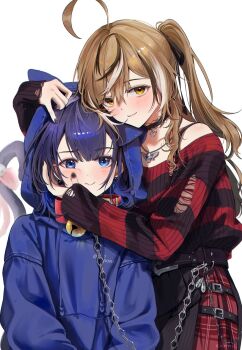 2girls animal_ears bell belt black_streaks blue_eyes blue_hair blue_hoodie blush brown_eyes brown_hair cat_ears cat_tail chain chain_leash choker collar emimhok emo_fashion hands_on_another's_face hands_on_another's_head heart heart_choker highres holocouncil hololive hololive_english holopromise hood hoodie jewelry lace-trimmed_choker lace_trim leash looking_at_viewer multicolored_hair multicolored_skirt multiple_girls nanashi_mumei nanashi_mumei_(emo) neck_bell necklace ouro_kronii pet_play pleated_skirt red_sweater ribbon skirt streaked_hair sweater tail torn_clothes torn_sweater two-tone_sweater virtual_youtuber wallet_chain white_background white_streaks yuri