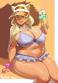 1girl absurdres aestheticc-meme alternate_hair_color alternate_hairstyle animal_ears belly bikini bikini_skirt blonde_hair body_freckles breast_freckles breasts commentary curvy earrings english_commentary extra_ears food freckles frilled_bikini frills green_eyes highres holding holding_food holding_ice_cream hoop_earrings huge_breasts ice_cream ice_cream_cone jewelry marvel marvel_rivals muffin_top navel plump squirrel_ears squirrel_girl squirrel_girl_(marvel) squirrel_girl_(sunshine_squirrel)_(marvel) squirrel_tail swimsuit tail tan thick_thighs thighs