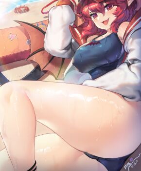 Rule 34 | 1girl, absurdres, baseball cap, beach, breasts, collarbone, competition swimsuit, crab, crossed bangs, daeno, demon girl, demon wings, guardian tales, hat, heart, heart in eye, highres, huge filesize, jacket, large breasts, lifeguard, lifeguard yuze, looking at viewer, one-piece swimsuit, open clothes, open jacket, open mouth, pointy ears, red eyes, red hair, red wings, sand, short hair, signature, sleeveless, smile, solo, swimsuit, symbol in eye, thighs, wet, wet clothes, wet swimsuit, white jacket, wings