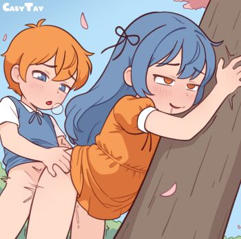 1boy 1girl against_tree all_the_fallen blue_eyes blue_hair casytay dress hetero highres kodomo_doushi loli naughty_face orange_eyes outdoors sex sex_from_behind shota smile tree