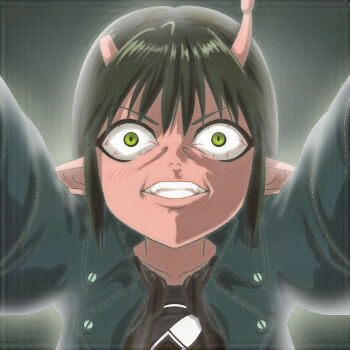 1girl alien angry antennae black_background black_jacket black_shirt bloodshot_eyes blush brown_hair clenched_teeth collarbone colored_skin daidouji_akane green_eyes highres jacket long_sleeves looking_at_viewer milky_galactic_universe milky_highway milky_subway milky_u2606_subway:_the_galactic_limited_express open_clothes open_jacket pointy_ears red_skin shirt short_hair standing t_jiroo_(ringofriend) teeth upper_body