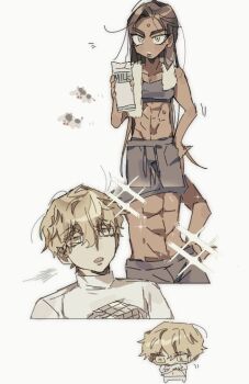 1boy 1girl abs alien_stage black_shorts black_sports_bra blonde_hair brown_hair colored_eyelashes commentary_request dark-skinned_female dark_skin dokusuji_(kw9onou58) drink_carton grey_eyes hand_on_own_hip holding holding_milk_carton hyuna_(alien_stage) long_hair milk_carton shirt shorts sports_bra very_long_hair white_shirt yellow_eyes