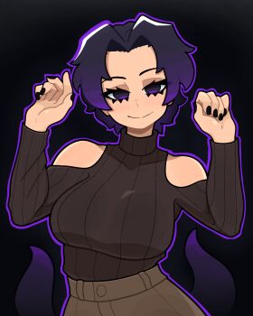 1girl absurdres arms_up black_nails black_sweater blush breasts closed_mouth highres large_breasts looking_at_viewer muds original purple_eyes purple_hair ribbed_sweater short_hair smile solo sweater