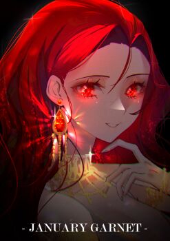 Rule 34 | 1girl, :d, absurdres, bracelet, dark background, earrings, english text, gold bracelet, highres, jewelry, light, long hair, looking at viewer, necklace, open mouth, original, rayla (rayla illust), red eyes, red hair, sideways, smile, solo, upper body