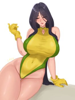 1girl artist_name bare_shoulders black_hair bleach breasts closed_mouth female_focus gloves hair_down large_breasts leotard lips long_hair mature_female monaru03 parted_bangs shiny_skin simple_background unohana_retsu white_background yellow_gloves