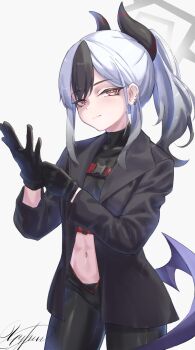 1girl absurdres alternate_costume belly black_gloves black_jacket black_panties black_pants black_shirt blue_archive closed_mouth crop_top demon_girl demon_horns demon_wings ear_piercing earrings gloves hair_between_eyes highres horns jacket jewelry kayoko_(blue_archive) long_hair looking_at_viewer multicolored_hair navel panties pants piercing ponytail putting_on_gloves red_eyes shirt sidelocks underwear wings yyfuu