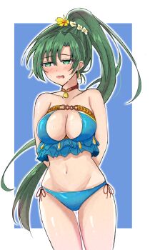 arms_behind_back blush breasts cleavage earrings fire_emblem fire_emblem:_the_blazing_blade fire_emblem_heroes flower green_eyes green_hair hair_flower hair_ornament high_ponytail jewelry long_hair lyn_(fire_emblem) lyn_(lady_of_the_beach)_(fire_emblem) nintendo ponytail swimsuit vankin