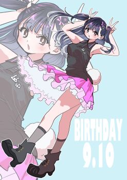 1girl armpits black_boots black_hair black_shirt black_socks blue_background blush boku_no_kokoro_no_yabai_yatsu boots brown_eyes bunching_hair collared_shirt commentary_request dated fake_tail full_body hands_up happy_birthday highres long_hair looking_at_viewer official_art open_mouth pink_skirt rabbit_tail sakurai_norio shirt simple_background skirt sleeveless sleeveless_shirt socks solo tail thighs twintails yamada_anna zoom_layer