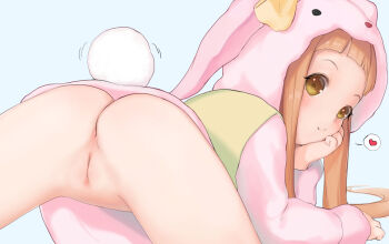 1girl animal_ears animal_hood anus ass bottomless brown_eyes brown_hair censored cleft_of_venus fake_animal_ears from_behind green_shirt has_uncensored_version head_rest heart highres hood ichihara_nina idolmaster idolmaster_cinderella_girls kuroshiro00 loli long_hair looking_at_viewer looking_back lying mosaic_censoring on_stomach pink_hood pink_sleeves pussy rabbit_ears rabbit_hood rabbit_tail ribbon shirt smile solo spread_legs tail thighs