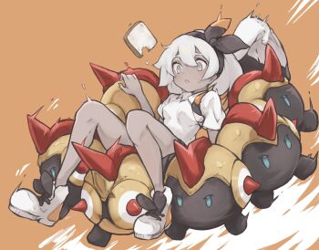 1girl absurdres bea_(pokemon) bread bread_slice carrying commentary_request dark-skinned_female dark_skin falinks food food_bite gen_8_pokemon grey_eyes grey_hair gym_leader hairband highres kintsuba_(garapagosukkk) nintendo pokemon pokemon_(creature) pokemon_swsh shirt toast white_shirt