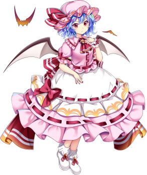Rule 34 | 1girl, adapted costume, ascot, bat (animal), bat wings, blue hair, boots, breasts, brooch, closed mouth, frilled skirt, frills, full body, game asset, hat, hat ribbon, highres, jewelry, looking at viewer, mob cap, official art, pink hat, pink shirt, pink skirt, puffy short sleeves, puffy sleeves, red ascot, red eyes, remilia scarlet, ribbon, ribbon-trimmed skirt, ribbon trim, rotte (1109), shirt, short sleeves, simple background, single wrist cuff, skirt, small breasts, solo, third-party source, touhou, touhou lostword, transparent background, white boots, wings, wrist cuffs