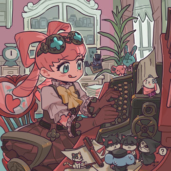 1girl :q ? absurdres ace_attorney animal_ears aqua_eyes belt black_cloak black_hat bow bow-shaped_hair brown_dress brown_gloves cabinet cat cat_ears chair chuunosuke_(ace_attorney) cloak curtains dress drill_hair gloves grey_shirt hat headband heart heart-shaped_hair highres hood hooded_cloak indoors iris_wilson kumaris long_hair mikyo_u mouse_ears nyan_zieks nyasogi on_chair paper paper_stack paw_print pen pink_hair puffy_short_sleeves puffy_sleeves rabbit_ears red_headband shirt short_sleeves sitting spoken_question_mark table the_great_ace_attorney tongue tongue_out typewriter usalock usato_(ace_attorney) wagahai_(ace_attorney) weighing_scale window yellow_bow
