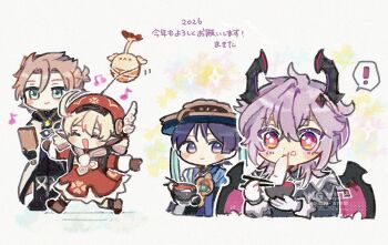 Rule 34 | !, 1girl, 2026, 3boys, ahoge, albedo (genshin impact), aqua eyes, black boots, black coat, black gloves, black hood, black horns, black pants, blonde hair, blue cape, blue gem, blue hat, blunt ends, blush stickers, boots, bowl, braid, brooch, brown boots, brown gloves, calligraphy brush, cape, choppy bangs, chopsticks, closed eyes, closed mouth, clover print, coat, commentary request, crossed bangs, dodoco (genshin impact), dragon boy, dragon horns, dragon wings, dress, durin (genshin impact), eating, facing another, feathers, food, food on face, gem, genshin impact, gloves, gold, gold trim, hagoita, hair between eyes, half up braid, hat, hat feather, highres, holding, holding bowl, holding calligraphy brush, holding chopsticks, holding paddle, holding paintbrush, hood, hood down, hooded coat, horns, jewelry, jingasa, klee (genshin impact), low twintails, mid-stride, mkgnmk3, mochi, multiple boys, musical note, newsboy cap, open clothes, open coat, orange eyes, outstretched arms, paddle, paintbrush, pants, pink wings, purple eyes, purple hair, red dress, red hat, red sleeves, scaramouche (genshin impact), smile, spoken exclamation mark, standing, twintails, twitter username, wanderer (genshin impact), watermark, white background, white coat, white feathers, white gloves, wings