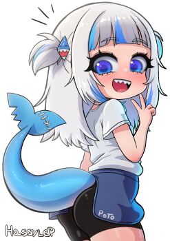 1girl absurdres apron artist_name ass bike_shorts black_shorts blue_apron blush fins fish_tail from_behind gawr_gura hair_ornament hassylep highres hololive hololive_english long_hair looking_back multicolored_hair open_mouth shark_girl shark_hair_ornament shark_tail sharp_teeth shirt short_sleeves shorts smile solo streaked_hair tail teeth thighs two_side_up v virtual_youtuber waist_apron white_hair white_shirt