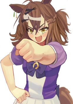 Rule 34 | 1girl, animal ears, blush, breasts, brown hair, clenched hand, earrings, hair ornament, hairclip, hand on own hip, highres, horse ears, horse girl, horse tail, jewelry, jungle pocket (umamusume), looking at viewer, medium breasts, medium hair, michibata anko, multicolored hair, notched ear, open mouth, pleated skirt, school uniform, shirt, skirt, solo, standing, tail, tracen school uniform, umamusume, yellow eyes