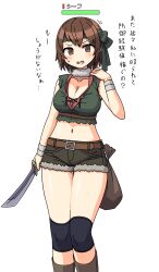 Rule 34 | 1girl, blush, breasts, brown eyes, brown hair, cleavage, crop top, green headband, headband, health bar, highres, holding, holding sword, holding weapon, large breasts, maruput, medium hair, midriff, navel, original, short shorts, shorts, solo, sweatdrop, sword, thighs, translation request, weapon