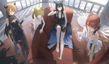 4girls absurdres ahoge alternate_costume animal_ear_fluff animal_ears arknights arm_up bare_shoulders barefoot black_choker black_dress black_gloves black_horns black_shoes blonde_hair blue_dress blue_nails breasts brown_eyes brown_thighhighs choker cleavage closed_mouth collar collarbone commentary couch croissant_(arknights) detached_collar dot_nose dress earrings elbow_gloves exusiai_(arknights) exusiai_the_new_covenant_(arknights) fingernails flower foot_out_of_frame from_below full_body gloves green_eyes green_flower green_rose hair_between_eyes hair_ornament hair_over_one_eye heart heart_necklace heart_pendant highres holding holding_suitcase horns jewelry legs light_smile long_dress long_hair looking_at_viewer lying medium_hair multicolored_dress multiple_girls nail_polish necklace off-shoulder_dress off_shoulder on_couch one_eye_closed open_mouth orange_hair petals red_dress red_nails rose satellite999 shoes side_ponytail sora_(arknights) standing suitcase texas_(arknights) thighhighs thighs thumbs_up toenails two-tone_dress unworn_shoes v white_collar white_dress white_gloves wolf_ears wolf_girl yellow_eyes yellow_petals