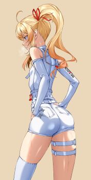 Rule 34 | 1girl, 70m4444, absurdres, ahoge, ass, blonde hair, breasts, clothing cutout, commentary, detached sleeves, english commentary, fortissimo, hair ornament, hair ribbon, high side ponytail, highres, hololive, hololive dev is, long hair, long sleeves, multicolored hair, musical note, musical note hair ornament, official alternate costume, otonose kanade, otonose kanade (regloss uniform), over-kneehighs, pouch, red eyes, red ribbon, ribbon, shirt, shorts, shoulder cutout, side ponytail, single over-kneehigh, single thighhigh, small breasts, solo, star pin, thigh pouch, thighhighs, virtual youtuber, white shirt, white shorts