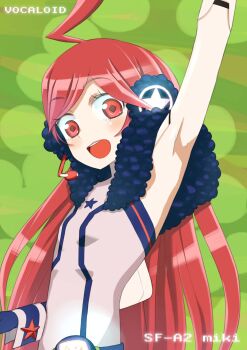 1girl absurdres ahoge armpits belt boots dress female_focus gloves headphones headset highres joints long_hair red_eyes red_hair robot_joints sf-a2_miki smile solo star_(symbol) striped_clothes striped_gloves tank_(artist) vocaloid wrist_cuffs