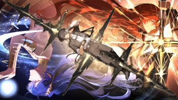 1boy 2girls absurdres arm_armor armlet augusta_(wuthering_waves) bare_shoulders black_gloves black_hair black_jacket black_pants blue_hair earrings gloves greatsword grey_shirt highres holding holding_sword holding_weapon iuno_(wuthering_waves) jacket jewelry laurel_crown linlinzhong long_hair looking_at_viewer male_rover_(wuthering_waves) missing_commentary multiple_girls orange_eyes orange_hair pants rover_(wuthering_waves) shirt sun_earrings sword tacet_mark_(wuthering_waves) vambraces weapon wuthering_waves