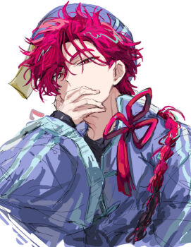 Rule 34 | 1boy, alternate costume, black shirt, blue hat, blue jacket, braid, braided ponytail, chinese clothes, chinese knot, commentary request, covered mouth, covering own mouth, eyeshadow, hair between eyes, half-closed eyes, hand over own mouth, hand up, hat, highres, jacket, jiangshi, long hair, long sleeves, looking at viewer, makeup, male focus, ofuda, ofuda on head, qingdai guanmao, red eyes, red eyeshadow, red hair, shiguang dailiren, shirt, simple background, single braid, sketch, solo, talisman, tassel, tyoookozuki, upper body, white background, xiao weiying