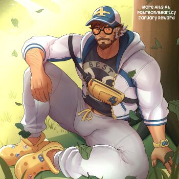 1boy against_tree arm_hair bara baseball_cap beard bearlcy black_shirt blush broad_shoulders brown_eyes brown_hair bulge commentary crocs drawstring english_commentary facial_hair fanny_pack full_body glasses grass grey_hair grey_pants hat highres hood hoodie january leaf leg_hair looking_at_viewer male_focus male_pubic_hair marvel marvel_rivals multicolored_hair muscular muscular_male mustache nose on_grass open_clothes open_hoodie paid_reward_available pants patreon_username pubic_hair pubic_hair_peek reed_richards reed_richards_(dad-tastic_reed) shirt sitting solo sweatpants thick_arms thick_thighs thighs tied_drawstring tinted_eyewear tree two-tone_hair watch wristwatch