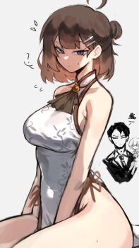 1boy 2girls absurdres ahoge angela_(project_moon) bare_shoulders breasts brown_hair china_dress chinese_clothes dress grey_eyes hair_bun hair_ornament hairclip hanfu highres hod_(project_moon) large_breasts library_of_ruina lobotomy_corporation looking_at_viewer multiple_girls project_moon roland_(project_moon) shigezie short_hair simple_background solo_focus sweat