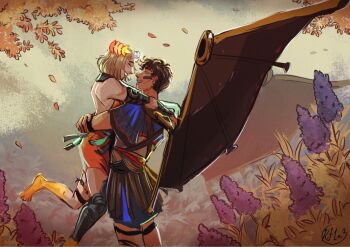 1boy 1girl ancient_greek_clothes blonde_hair brown_eyes brown_hair carrying carrying_person closed_eyes commentary english_commentary fake_wings greco-roman_clothes hades_(series) hades_2 highres hug icarus_(hades) kay_(kf1n3) laurel_crown looking_at_another melinoe_(hades) open_mouth short_hair signature smile wings